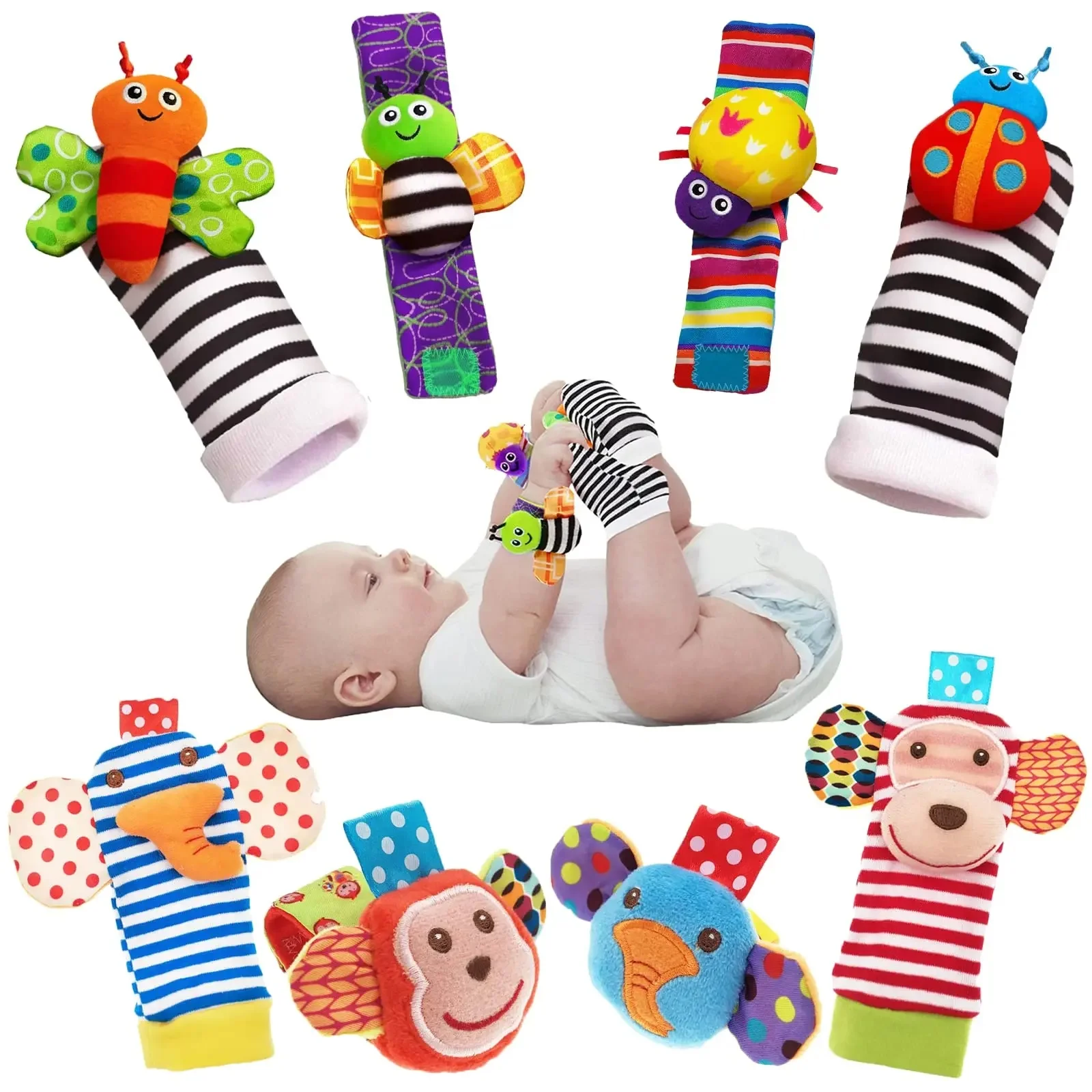 kf-S7c97853653c74704952c5fe8fe29507dN 4pcs Baby Rattle Toys Cute Stuffed Animals Wrist Rattle Foot Finder Socks - Image 1